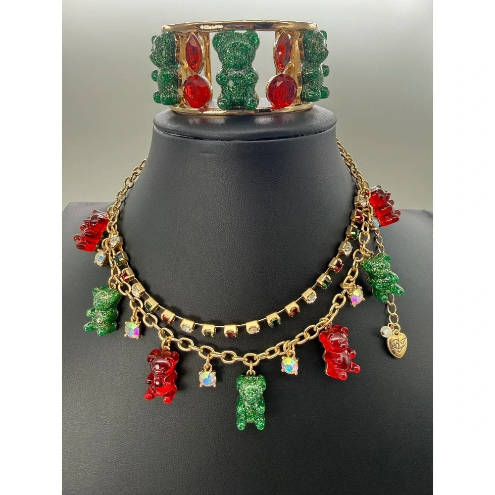 Betsey Johnson Gummy Bear Necklace and Cuff Bracelet Set Red Green Gold Vintage